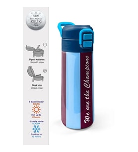 CORAL HIGH 31788 BORDO MAVİ TARAFTAR DESENLİ PİPETLİ VE DİREKT İÇİM ÇELİK TERMOS 500ML