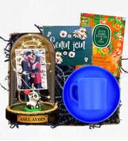 İsimli Fotoğraflı ve Işıklı Fanus & Mavi Kahve Fincanı  Kişiye Özel Premium Set (Model 8)