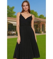 Pileli Midi Elbise Polyester Örme Yazlık Günlük Şık Özenle Seçilmiş Modern Stil Zarifane Tasarım (Siyah)