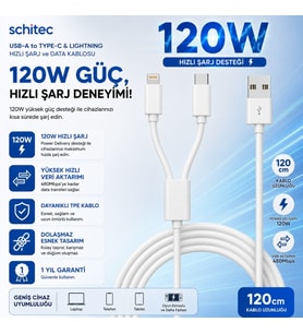 ScHitec 2in1 5A 120W UsbA to Type-C ve Lightning Hızlı Data ve Şarj Kablosu 120cm SX21C