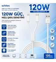 ScHitec 2in1 5A 120W UsbA to Type-C ve Lightning Hızlı Data ve Şarj Kablosu 120cm SX21C