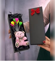 Pembe Peluş Ayıcık & Renkli Balonlar  Doğum Günü Hediyesi  Sevgiliye Hediye  Özel Kutusunda