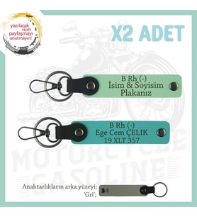 Arkadaşa Özel, İsim Plaka ve B Rh (-) Kan Grubu Yazılı x2 Hediye Anahtarlık Set, Yeşil-K Turkuaz-Gr (Çok Renkli)