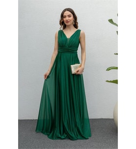 Neşeli butik kadın zümrüt drapeli tül abiye elbise NB2030 (Yeşil)