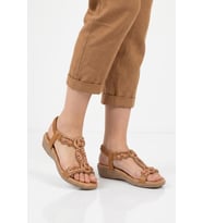 Ewoll Camel Desenli İşlemeli Yumuşak Tabanlı Kadın Sandalet 4053 Z