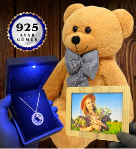 Kişiye Özel Premium Set Büyük Boy Kahve Peluş Ayıcık ve Gerçek 925 Ayar Gümüş Kolye (Model 3)