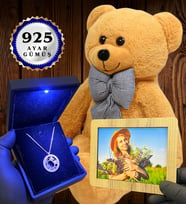 Kişiye Özel Premium Set Büyük Boy Kahve Peluş Ayıcık ve Gerçek 925 Ayar Gümüş Kolye (Model 3)