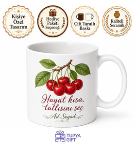 Kiraz Temalı Baskılı Kupa Bardak Hediye Özel Tasarım Porselen Mug