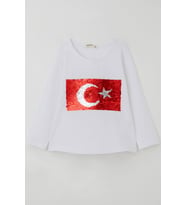 Breeze Kız Çocuk Uzun Kollu Tişört Pullu Ay Yıldız 4-14 Yaş, Beyaz
