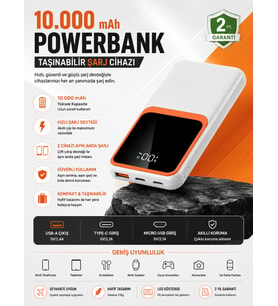 10000 mAh Powerbank Çift USB Çıkışlı Type-C Girişli Beyaz Tasarım