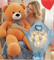 Sevgiliye Özel 90 cm Peluş Ayı ve LED’li Mavi Ayıcık Buketi Kalp Balonlu Sevgililer Günü Hediye Seti (Kahverengi Açık)