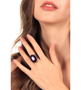 Kadın Antik Gümüş Kaplama Mor Renk Swarovski Taş Detaylı Ayarlanabilir Oval Formlu Tasarım Yüzük