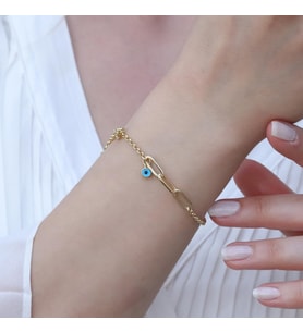 Üçlü Trend Geçme Zincirli Nazar Boncuklu Gold Kaplama Hallow Gümüş Bileklik