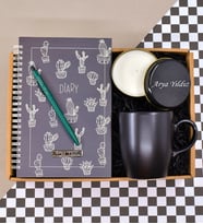 Kişiye Özel Kaktüs Desenli Defter& Yeşil Tükenmez Kalem& Siyah Renk Metal Kutulu Mum& Siyah Kupa Hediye Seti