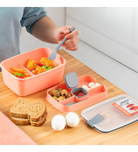 Porsima 3193 Vakumlu Kendinden Kaşık Çatallı Sosluklu Bölmeli Beslenme Çantası - Taşınabilir 2 Katlı Lunch Box - Sefer Tası 1200 Ml Somon
