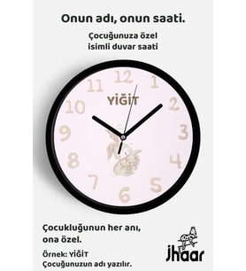 İsme Özel Sevimli Tavşan Çocuk Odası Duvar Saati Orta Boy 30 cm Siyah Camlı Sessiz