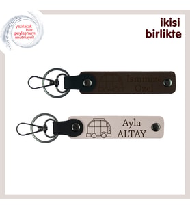 Yol Arkadaşlığına Vurgu Yapan Set, Kişisel Karavan Anahtarlık 2’li, İsim Yazılı, Koyu Kahve-Pudra