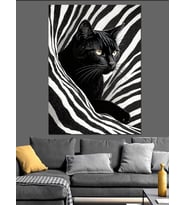 Zebra Desenli Arkaplanda Siyah Kedi Dekoratif Kanvas - Mdf Ahşap Tablo