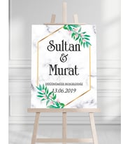 Söz Nişan Düğün İçin 50x70 Karşılama Panosu - Mermer ve Çiçek Tasarımlı