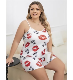 Arias Closet Büyük Beden Kiss Me Öpücük Desen Pamuklu Şortlu Pijama Takımı