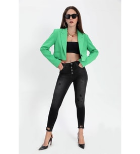 Çift Peto Cepli Kısa Crop Blazer Ceket - Yeşil