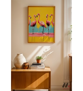 Flamingo Pop Art, Ahşap Çerçeveli Duvar Tablosu - Renkli Ev Dekorasyonu