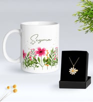 BK Gift Kişiye Özel İsimli Çiçek Tasarımlı Beyaz Kupa ve Papatya Kolye Hediye Seti - 6, Sevgiliye Hediye, Anneye Hediye, Arkadaşa Hediye