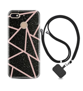General Mobile GM8 Go GM9 GM20 Pro Plus Kılıf Boyun Askılı Silikon Pembe Şeritli Mermer 1312