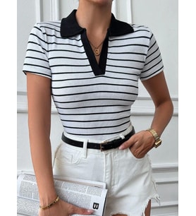 Polo yaka garnili bluz Beyazsiyah