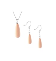 Pembe İnci Uzun Damla Küpe - Kolye Gümüş Set Kancalı Model