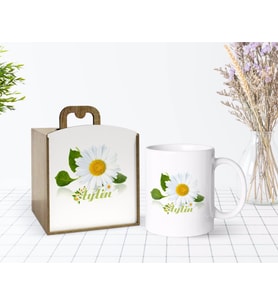 BK Gift Kişiye Özel Ahşap Kutuda Papatya Temalı Beyaz Kupa Bardak-4