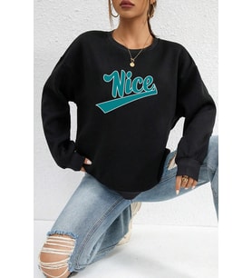 Unisex Nice Baskılı Bisiklet Yaka Sweatshirt (Siyah)