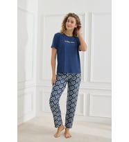 Kadın Çiçek Desenli Bisiklet Yaka Pijama Takım  Lacivert  30102-963