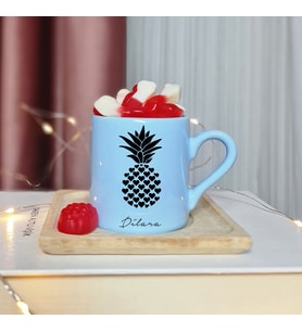 Ananas Tasarımlı Kişiye Özel Mavi Türk Kahvesi Fincan