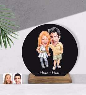 BK Gift Kişiye Özel Sevgililer Karikatürlü Yuvarlak Ahşap Biblo-98
