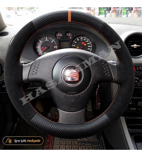 Seat Cordoba 6L Dikme Direksiyon Kılıfı Alcantara Süet Mat Karbon Taba Yüzük ve Dikiş Stella-Reference-Signo-Tuşsuz 2002-2009