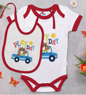 BK Kids Play Day Tasarımlı Kırmızı Bebek Body Zıbın ve Mama Önlüğü Hediye Seti-1