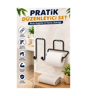 Yapışkanlı Rulo Kağıt Tutucu ve Çift Kancalı Havlu Askılığı – Siyah 2 Parça Set
