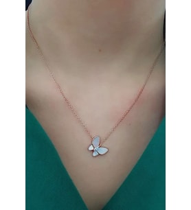 Sedef taşlı kelebek figürlü gümüş üzerine rose altın kaplamalı kolye