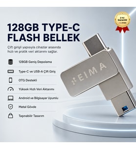 128GB Type-C USB Flash Bellek Çift Girişli OTG Destekli Yüksek Hızlı Taşınabilir Depolama