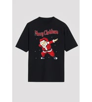 Yılbaşı Merry Christmas Noel Baba Baskılı Oversize Bisiklet Yaka T-shirt - Siyah
