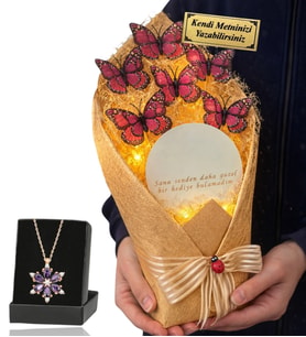Kişiye Özel Led Işıklı Aynalı Kelebek Buketi ve Gerçek Ametist Taşlı Lotus Kolye (Pembe)