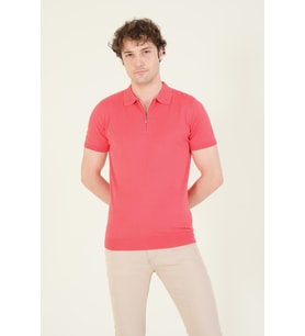 Giyim Dünyası Erkek Yarım Fermuarlı Polo Yaka Merserize T-Shirt Mercan