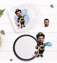 BK Gift Kişiye Özel İtfaiyeci Karikatürlü Beyaz Kupa ve Ahşap Bardak Altlığı Hediye Seti-1