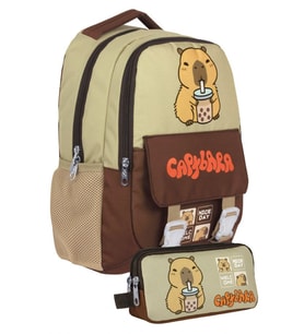 Capybara Erkek Çocuk İlkokul Sırt Çantası ve İki Gözlü Kalemlik Seti - Kahverengi/Bej - SETCPB5200C