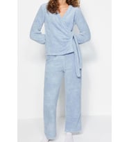 Tarz Rahat Uzun Kollu Boru Paça Pembe Yaka Wellsoft Kışlık Örme Pijama Takımı (Açık Mavi)