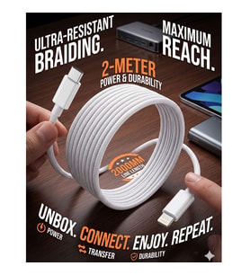 20W PD Hızlı Şarj Kablosu (2 Metre) - USB-C to iPhone Lightning Uyumlu Örgülü Şarj Kablosu - Beyaz