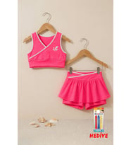 Kız Çocuk Sportif Fuşya Renk Crop - Şort Etek Alt Üst - Takım