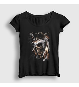Presmono Kadın Siyah Skull Wolf Kurt T-Shirt 307329tt