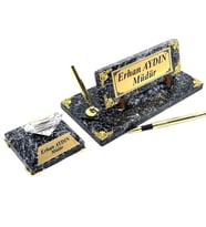 Kişiye Özel İmza Kalemli Masa İsimliği - Mermer Tasarımlı Elmas Saatli Premium Set (Model 2)